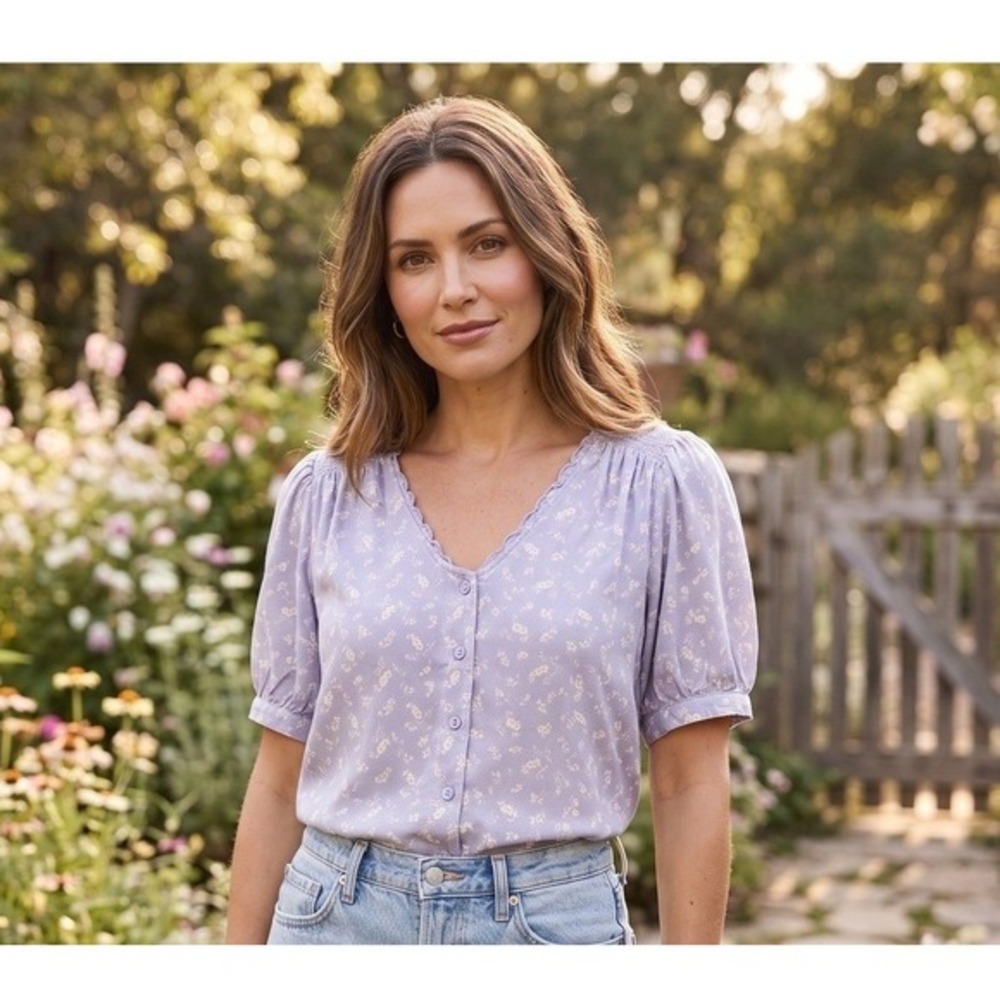 Treasure & Bond Lavender Floral Scalloped Button Front Blouse Purple Small